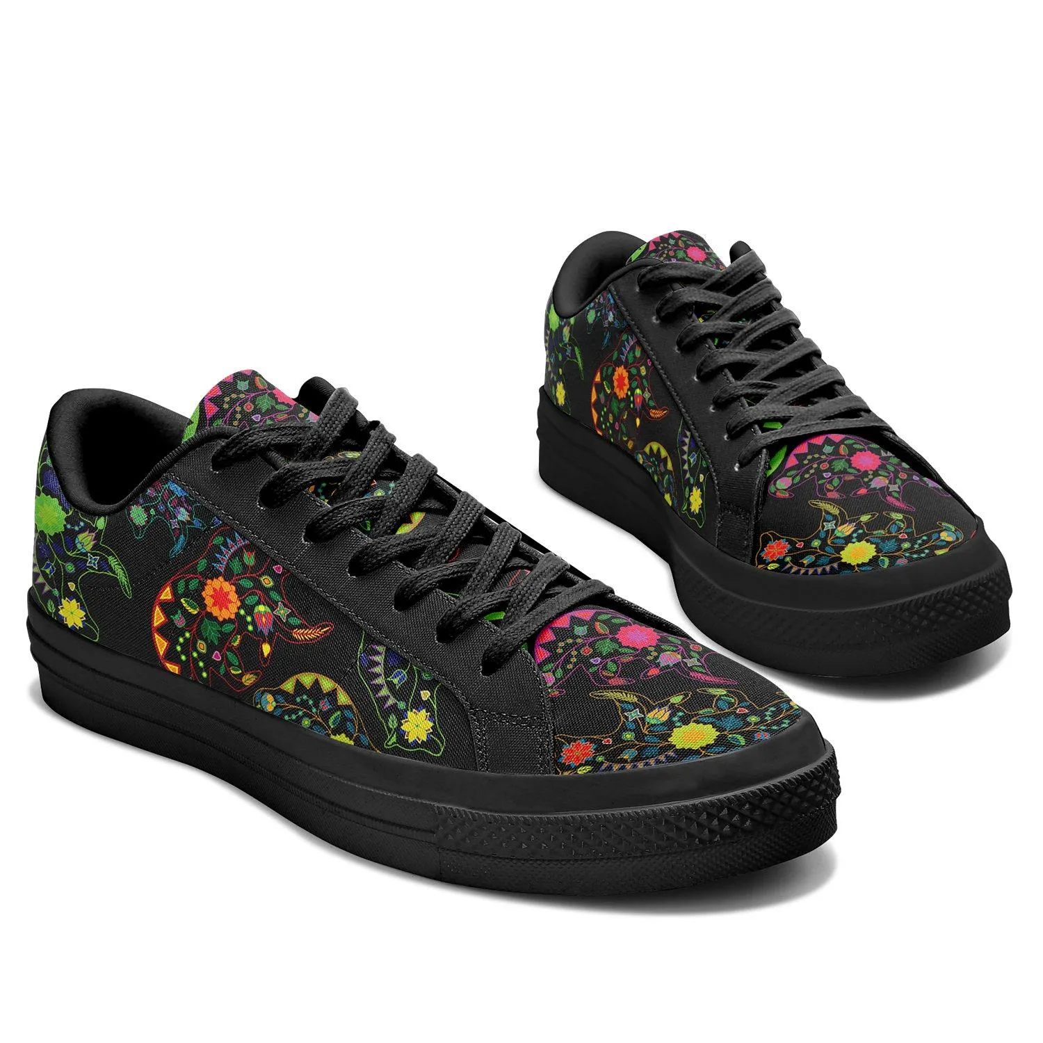 Neon Floral Bears Aapisi Low Top Canvas Shoes Black Sole