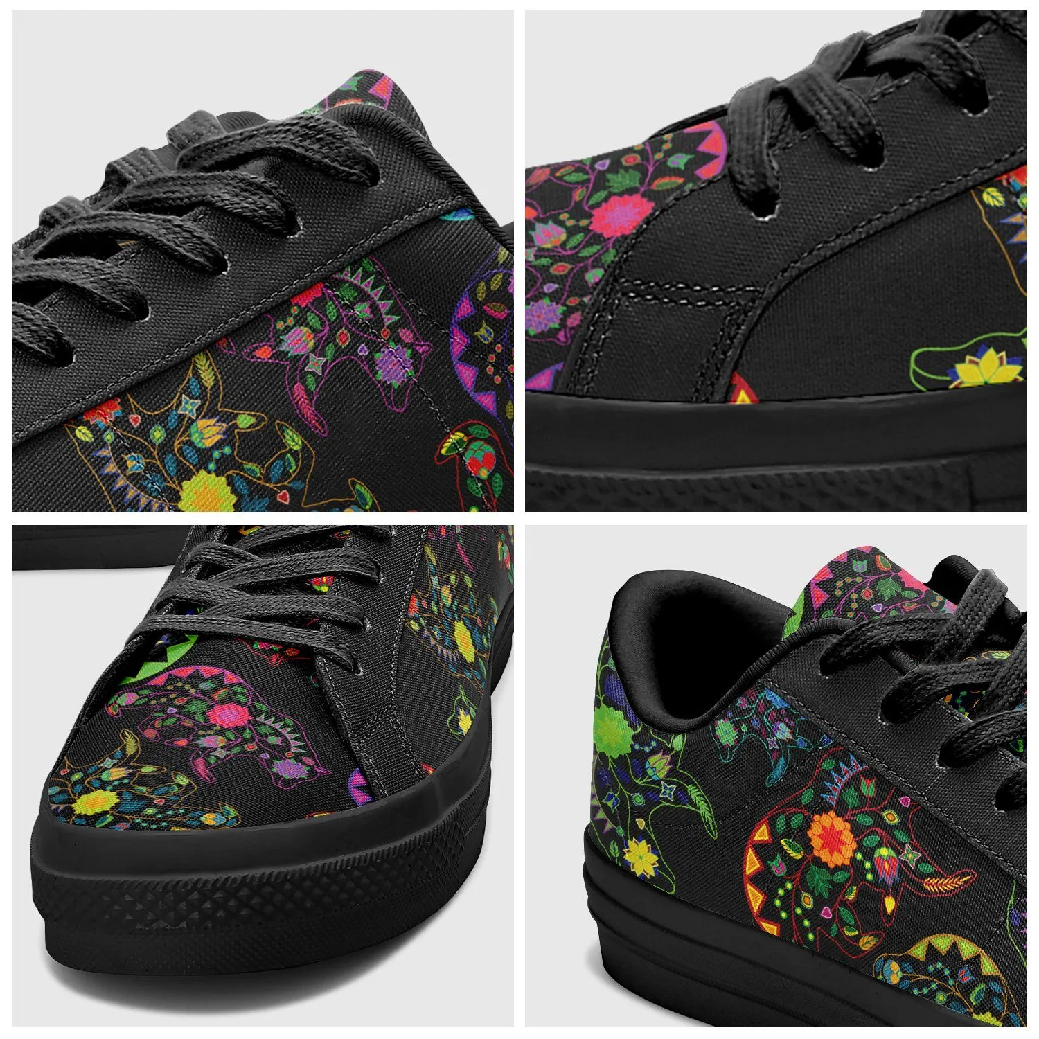 Neon Floral Bears Aapisi Low Top Canvas Shoes Black Sole