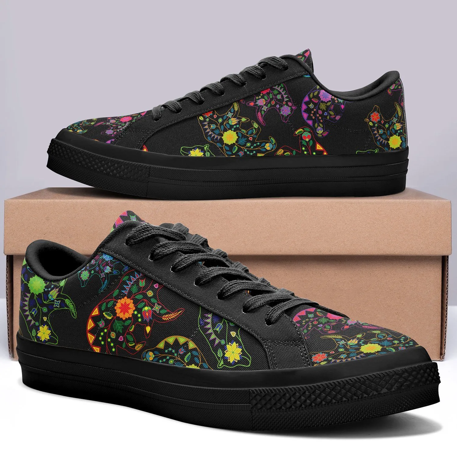 Neon Floral Bears Aapisi Low Top Canvas Shoes Black Sole