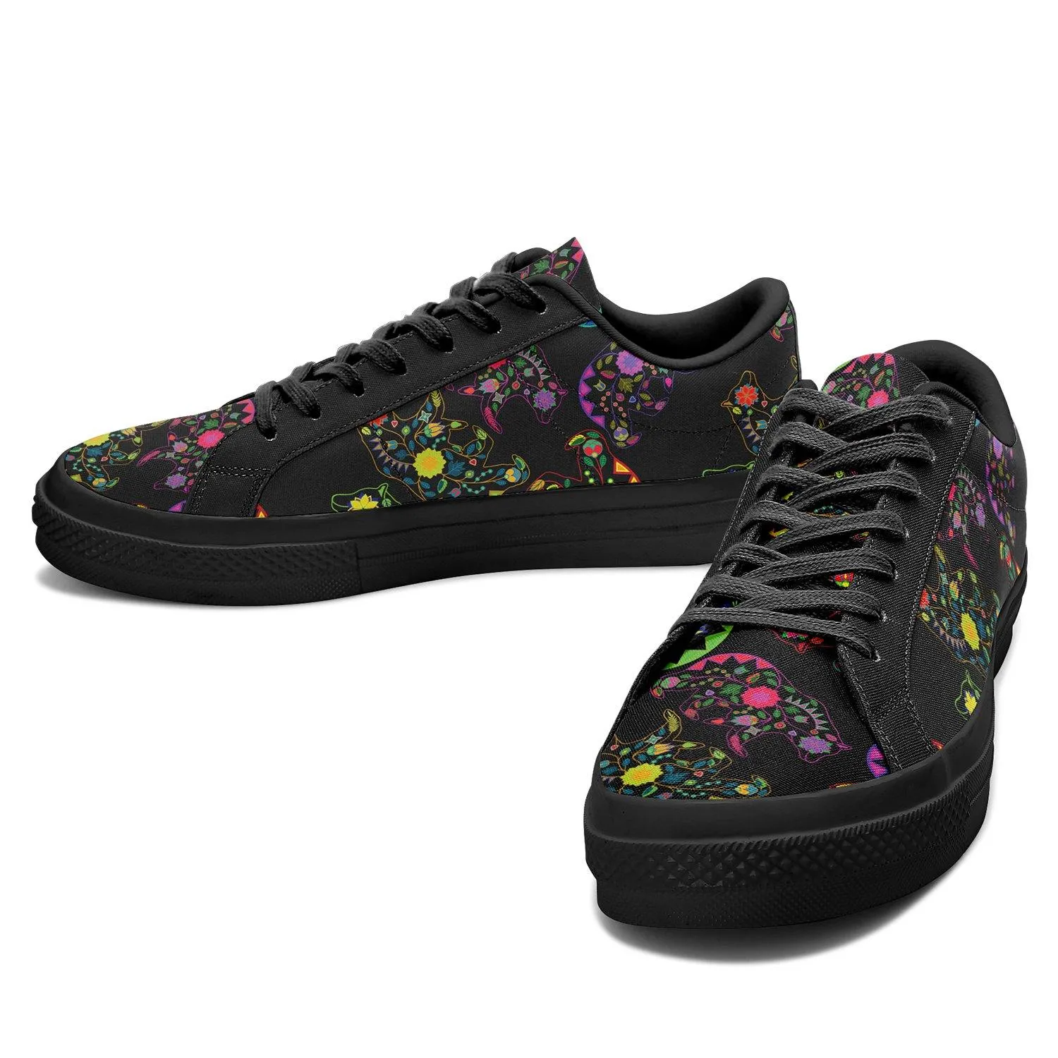 Neon Floral Bears Aapisi Low Top Canvas Shoes Black Sole