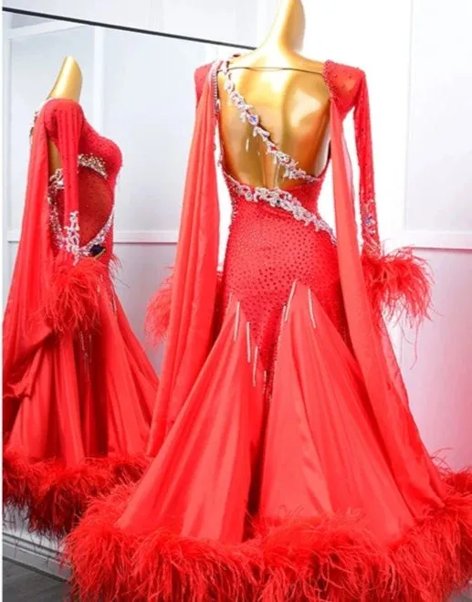 PERMINO.B001F dance dresses red feather ballroom dance costume