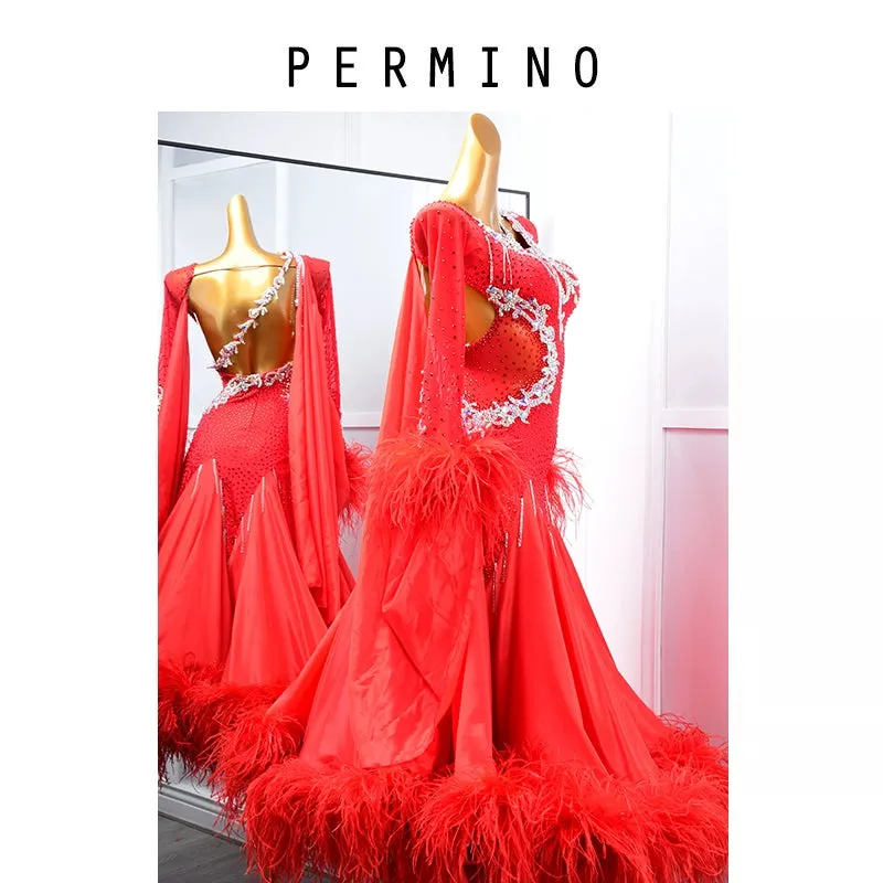 PERMINO.B001F dance dresses red feather ballroom dance costume