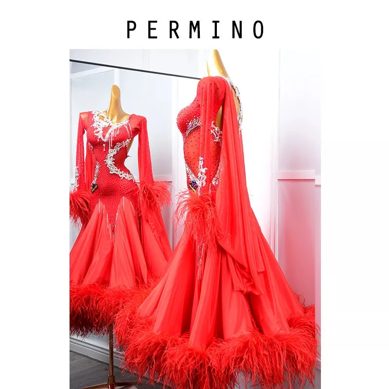 PERMINO.B001F dance dresses red feather ballroom dance costume