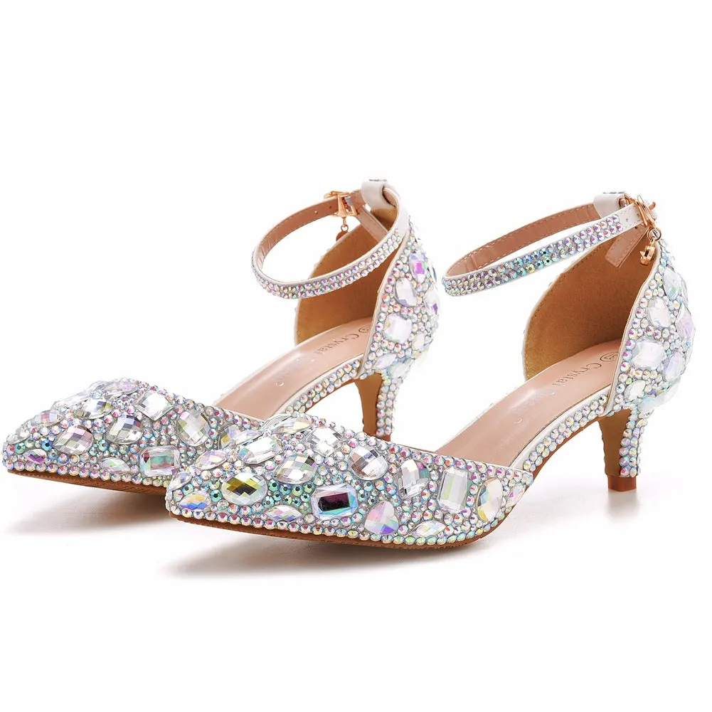 Pointed Toe Crystal Diamond Ankle Strap High Heel