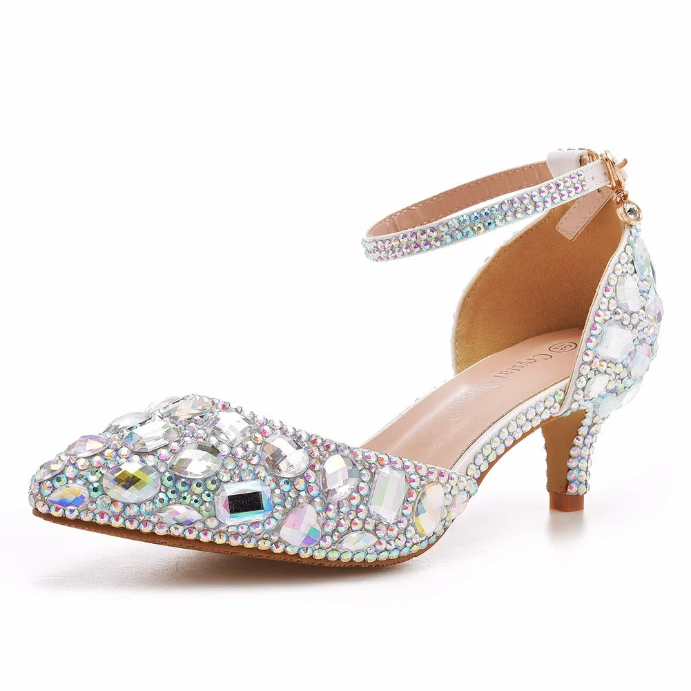 Pointed Toe Crystal Diamond Ankle Strap High Heel