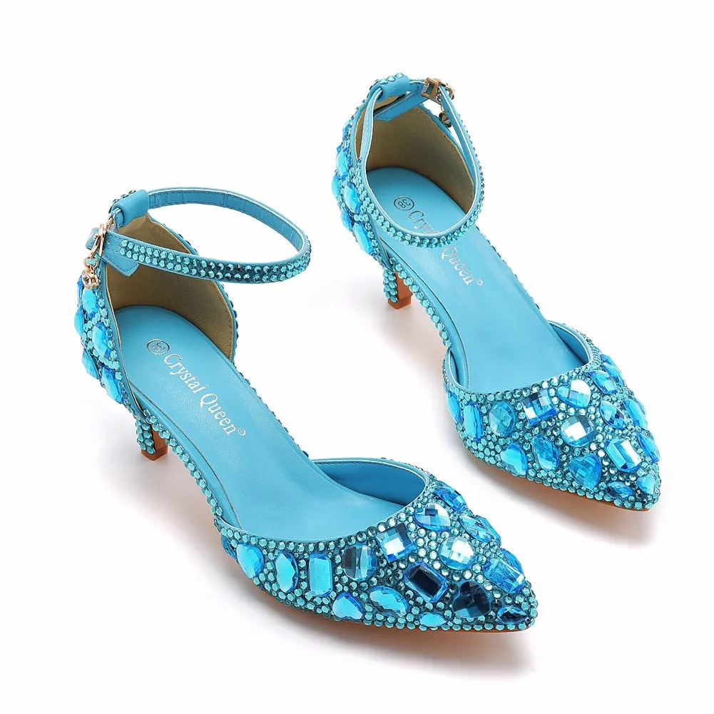 Pointed Toe Crystal Diamond Ankle Strap High Heel