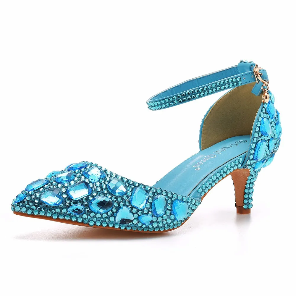 Pointed Toe Crystal Diamond Ankle Strap High Heel