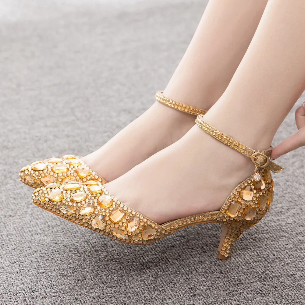 Pointed Toe Crystal Diamond Ankle Strap High Heel