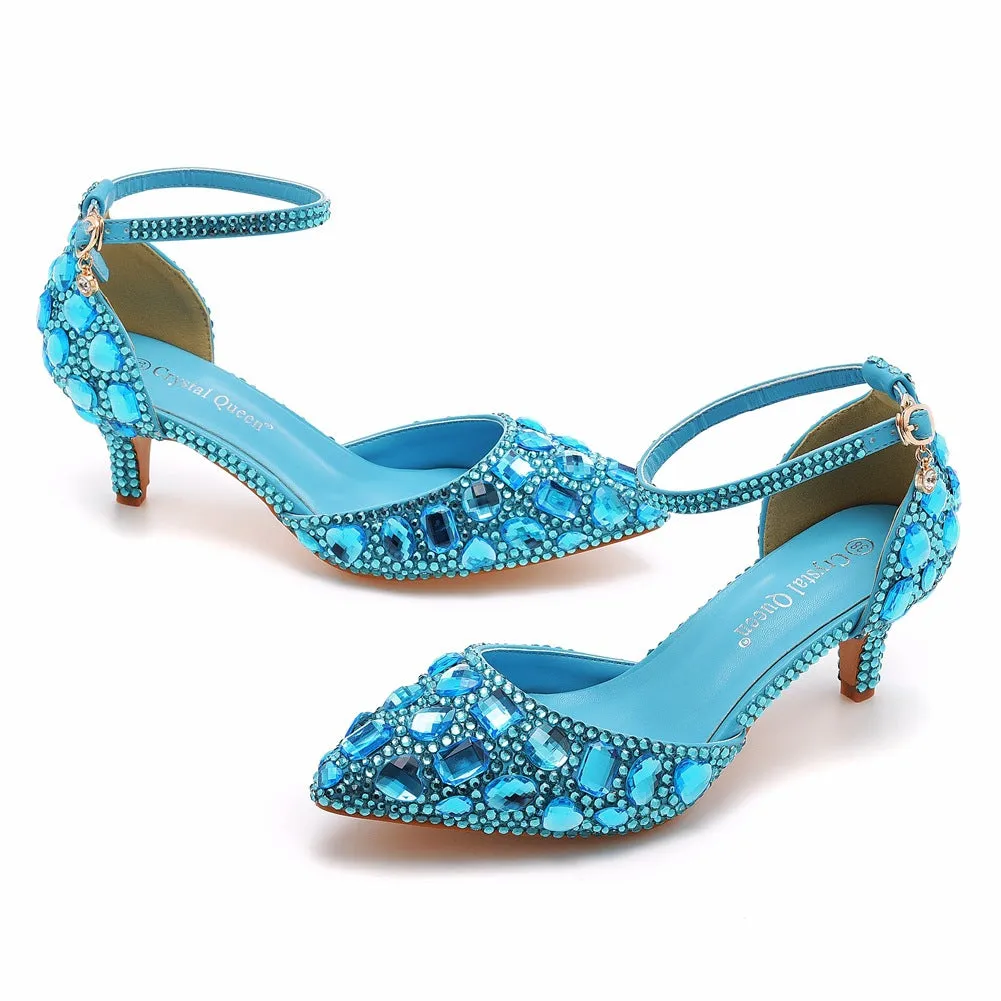 Pointed Toe Crystal Diamond Ankle Strap High Heel