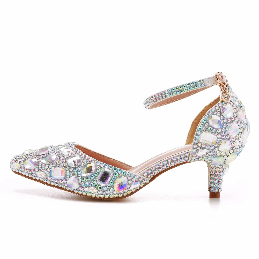 Pointed Toe Crystal Diamond Ankle Strap High Heel