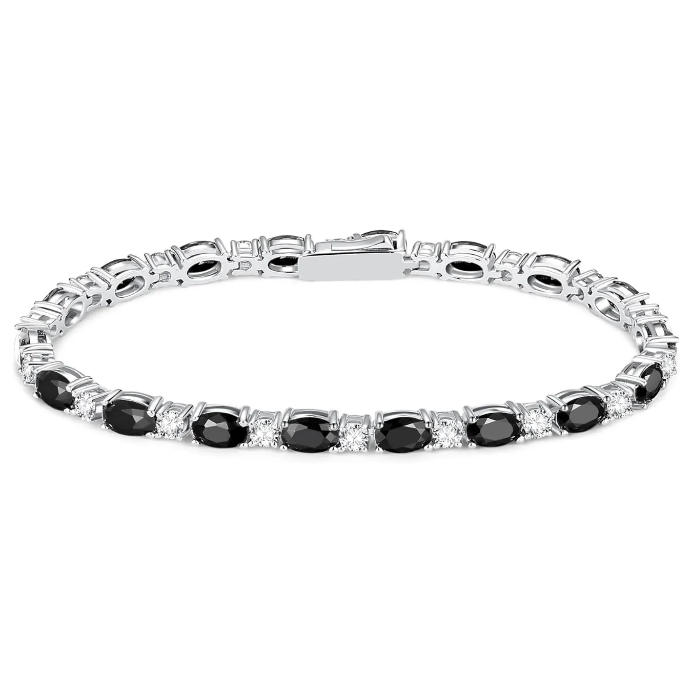 "Glamour Radiance" Fancy Cut Tennis Black Onyx Stone Sterling Silver Bracelet