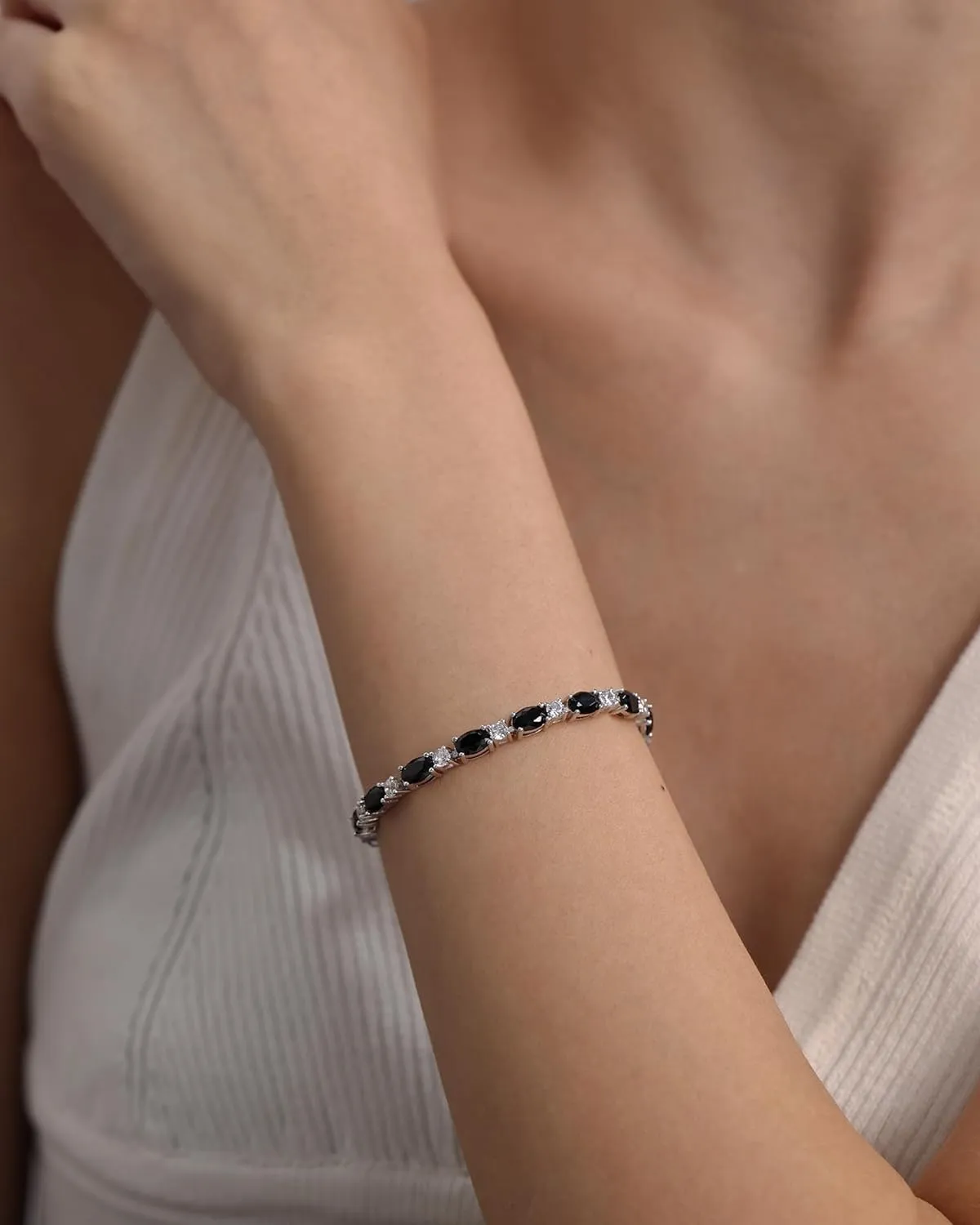 "Glamour Radiance" Fancy Cut Tennis Black Onyx Stone Sterling Silver Bracelet