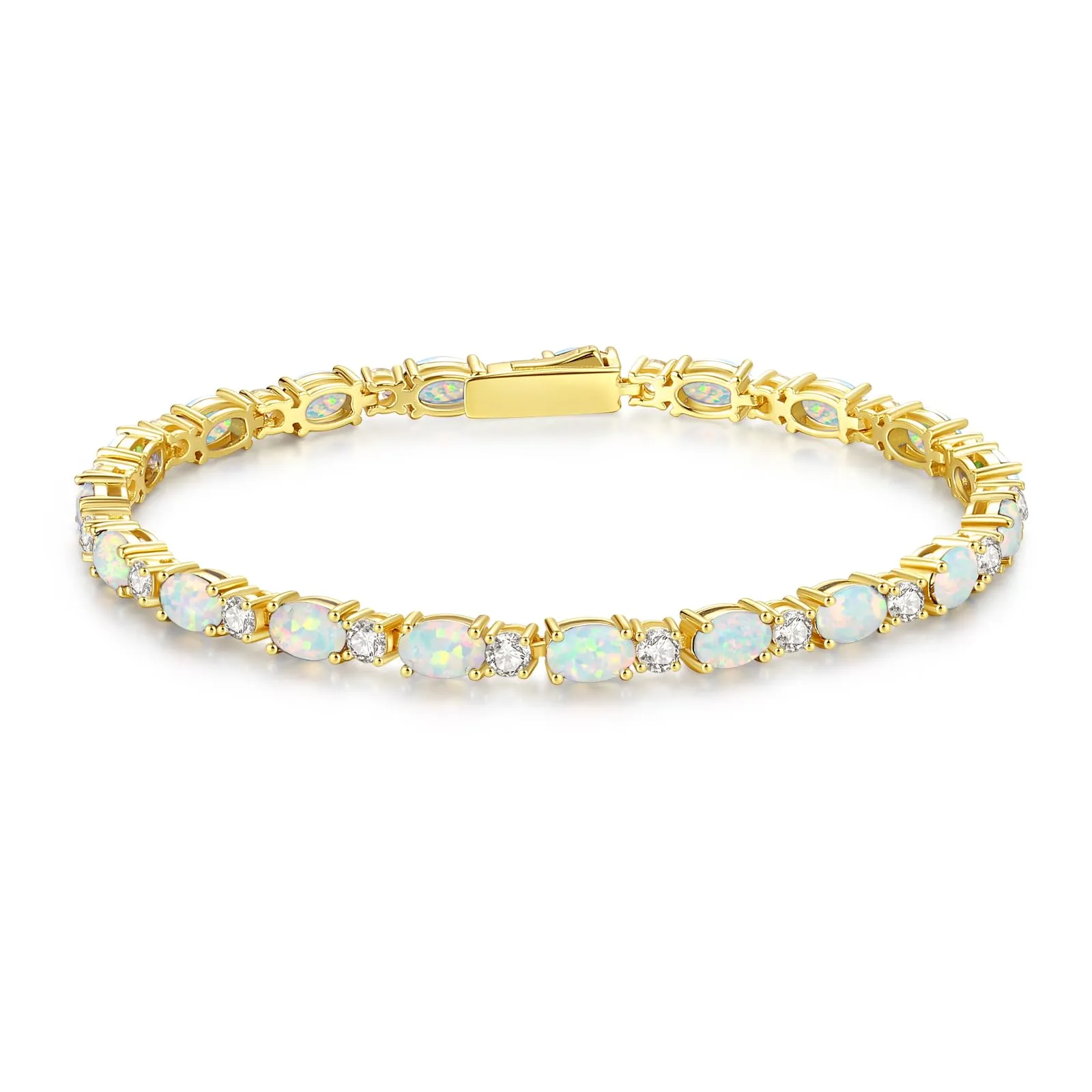 "Glamour Radiance" October Birthstone Fancy Cut White Opal Sterling Silver Tennis Bracelet