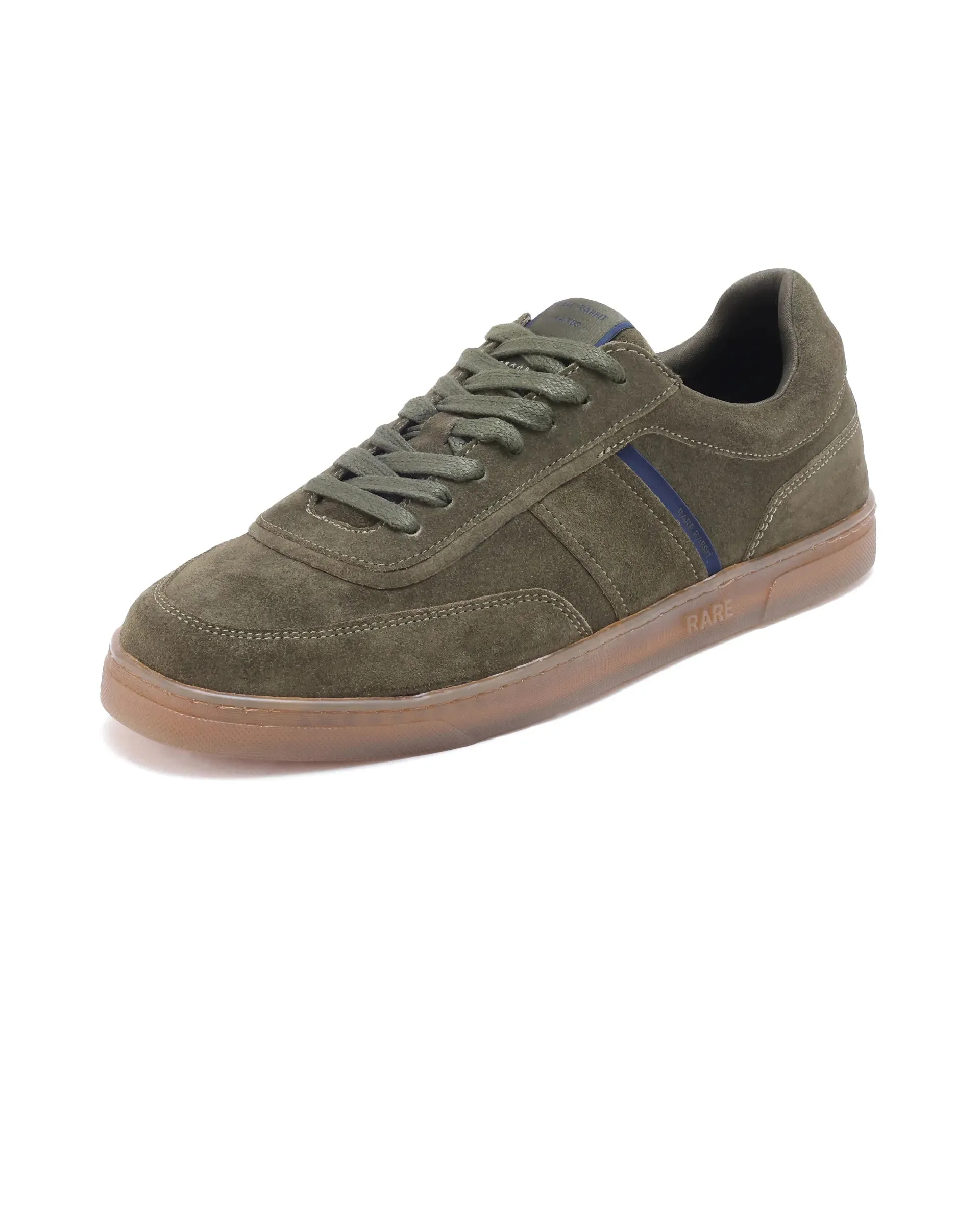 Rare Rabbit Men Kairos Olive Premium Suede Leather Low-Top Lace-Up Sneaker Shoes