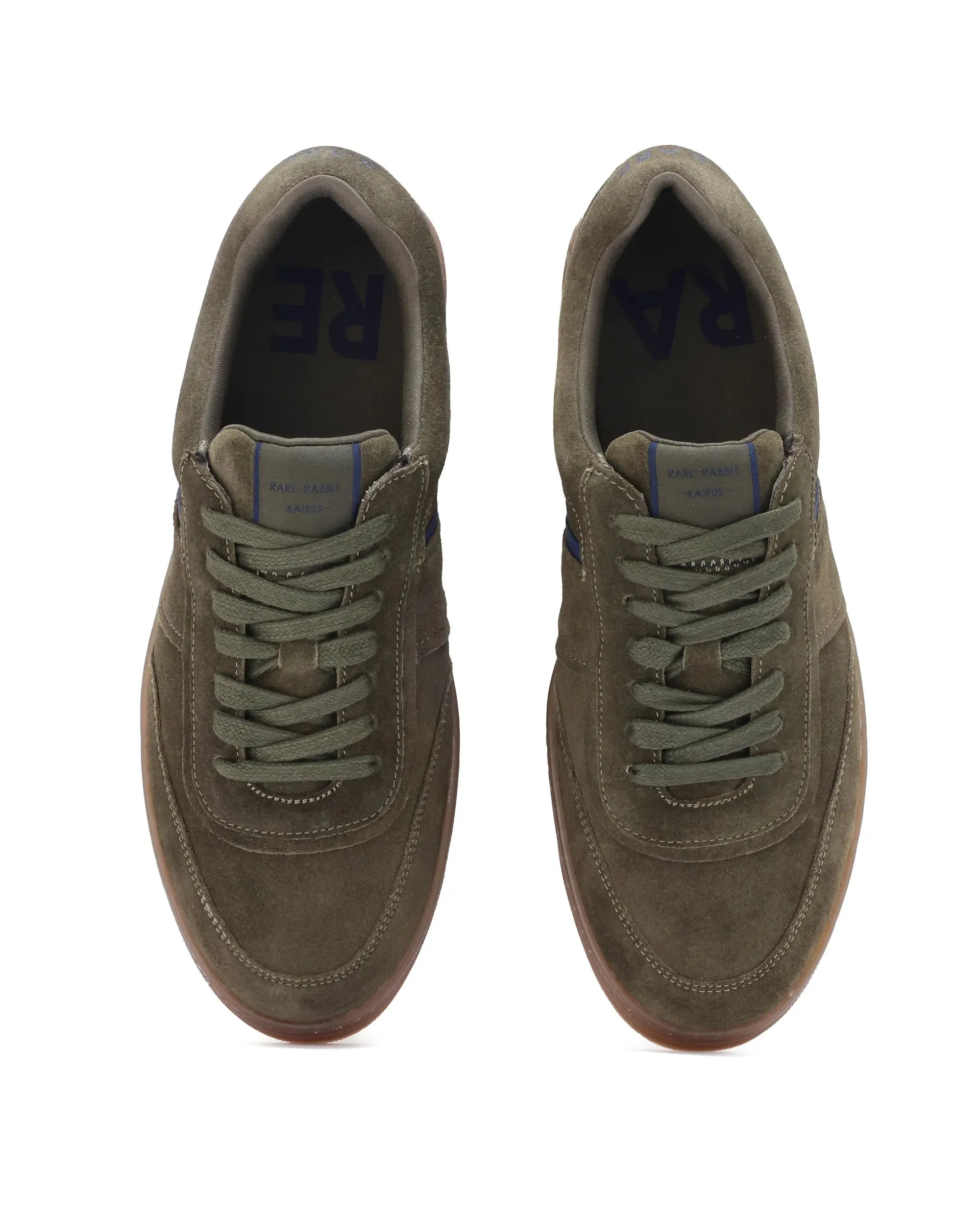 Rare Rabbit Men Kairos Olive Premium Suede Leather Low-Top Lace-Up Sneaker Shoes