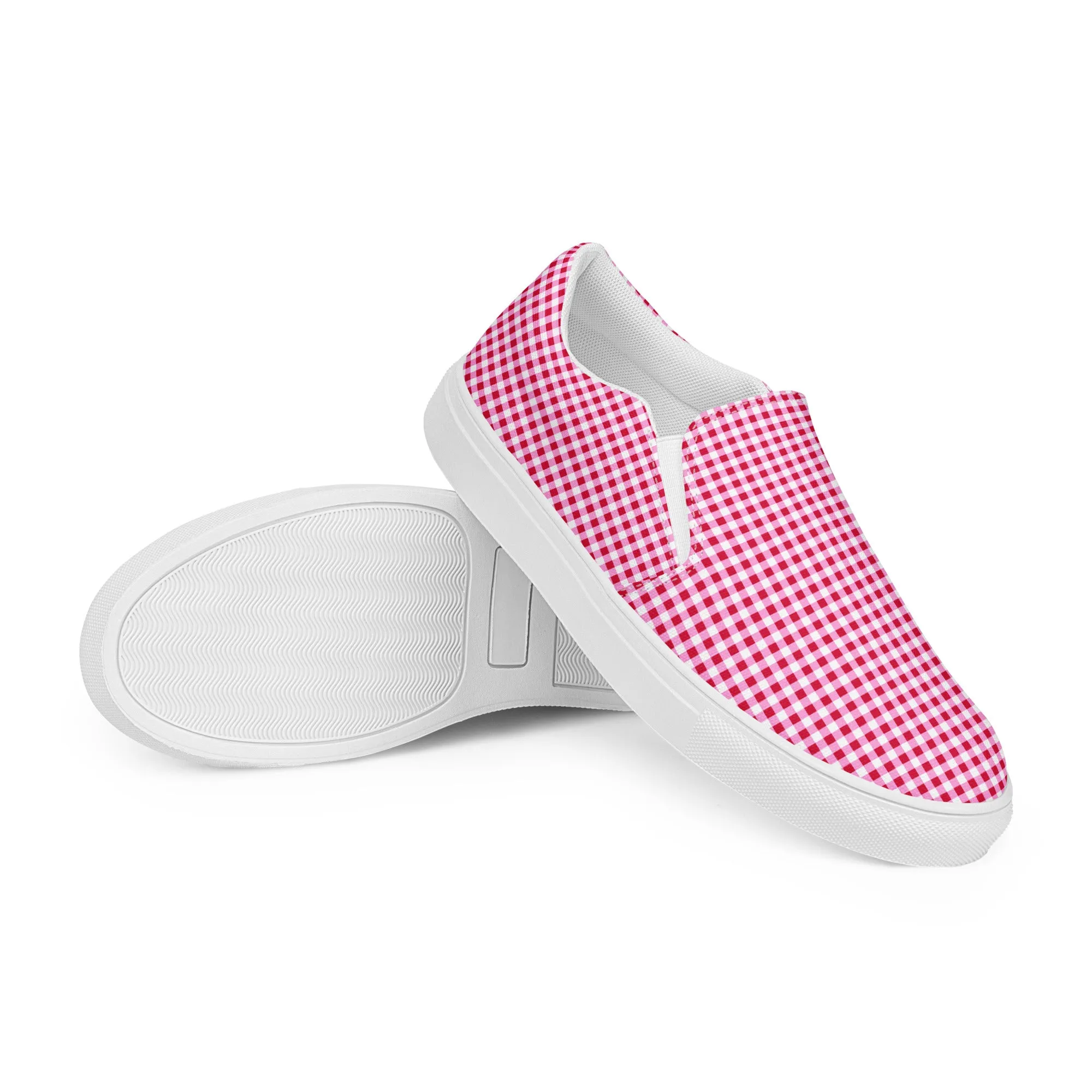 Red and Pink Gingham Check Men’s Slip On Canvas Shoes