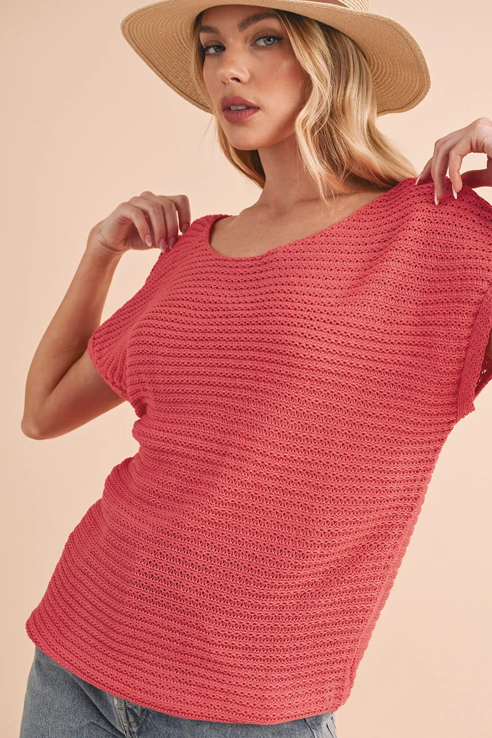 Red Clay Plain Knit Loose Batwing Sleeve Blouse