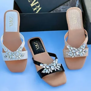 Rhinestones Flat Sandals – Women’s Flat-Bottomed Strap Stone Tear Drop Shining Flats-1007