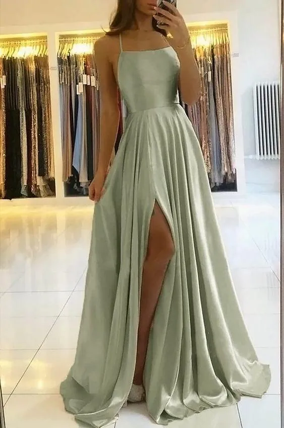 Simple A Line Sage Green Long Prom Dress With Slit Spaghetti Straps Evening Party Dress UQP0172