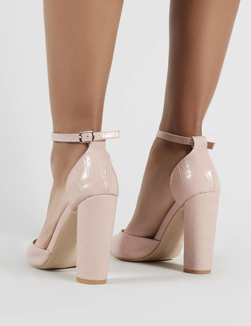 Sofia Blush Croc Pointed Block Heels