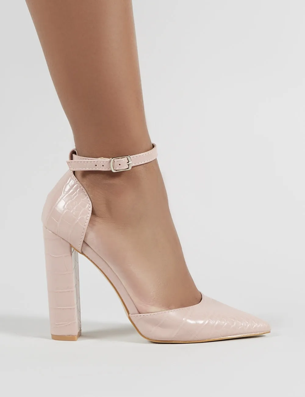 Sofia Blush Croc Pointed Block Heels