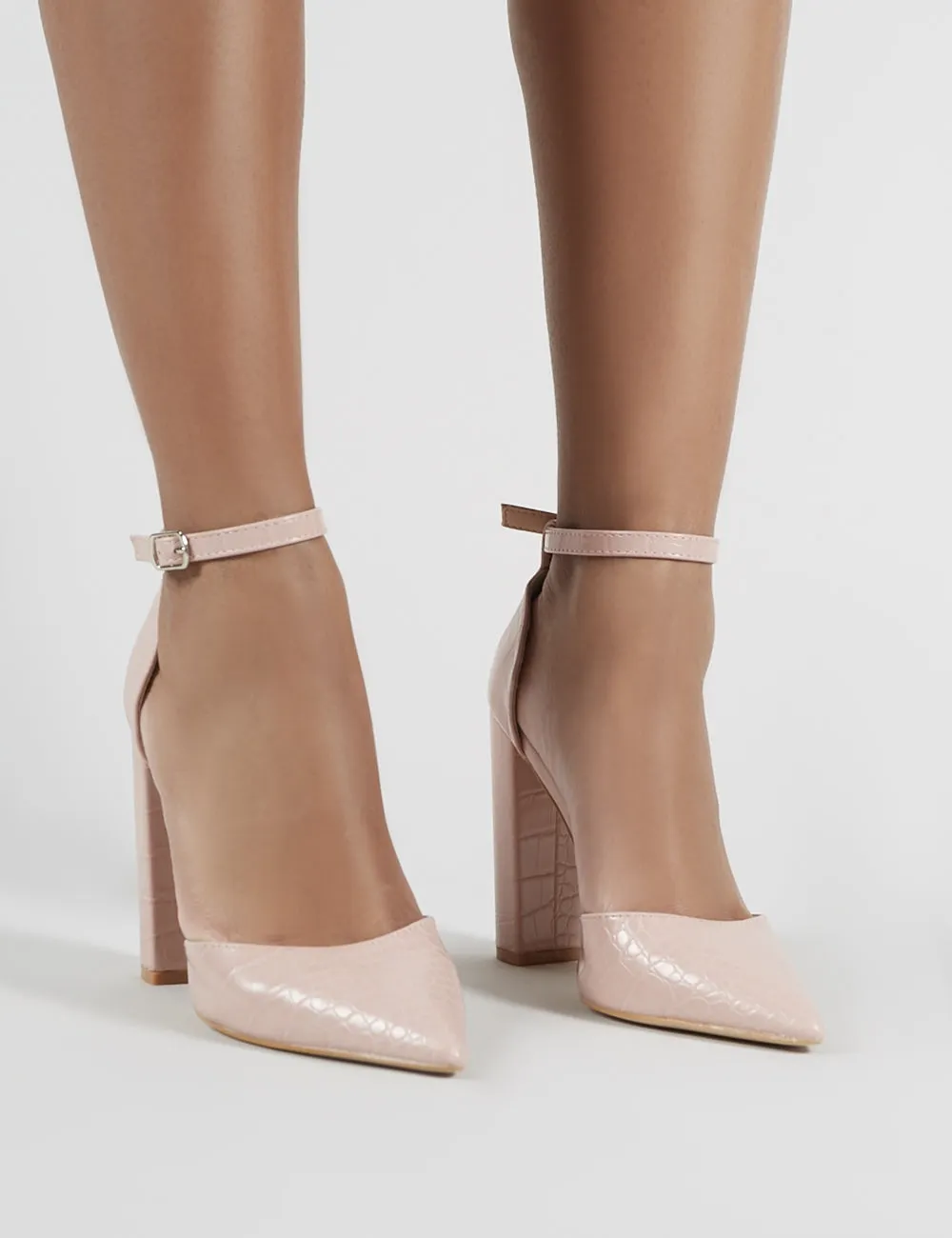 Sofia Blush Croc Pointed Block Heels