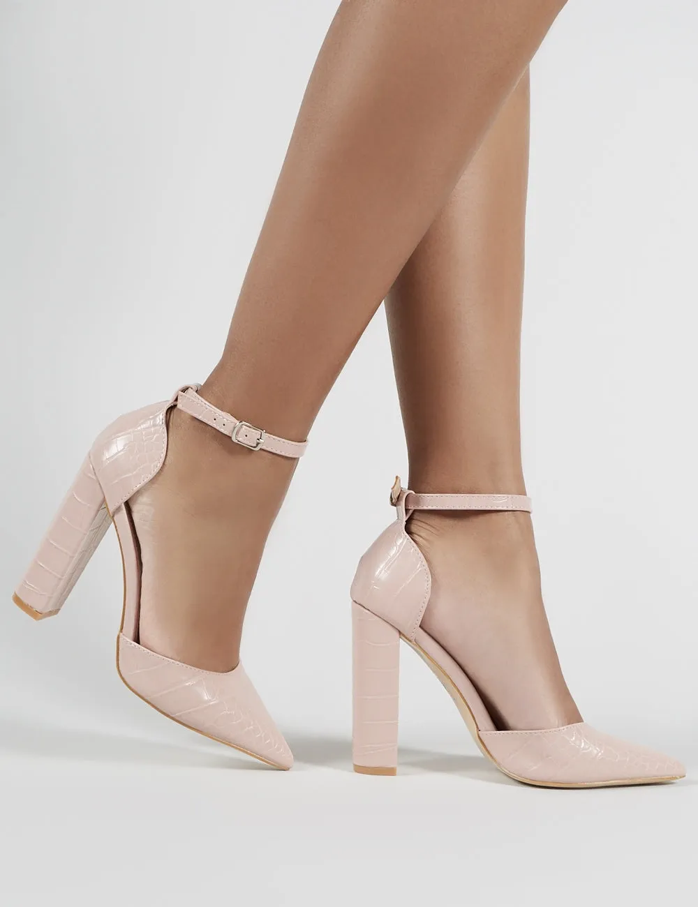 Sofia Blush Croc Pointed Block Heels