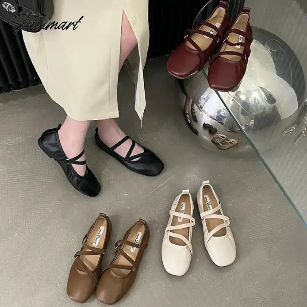 TAVIMART -  NEW Retro Classic PU Cross Elastic Bandage Ballet Shoes Women Square Toe Cross Tied Women Flats Elegant Valentine Shoes