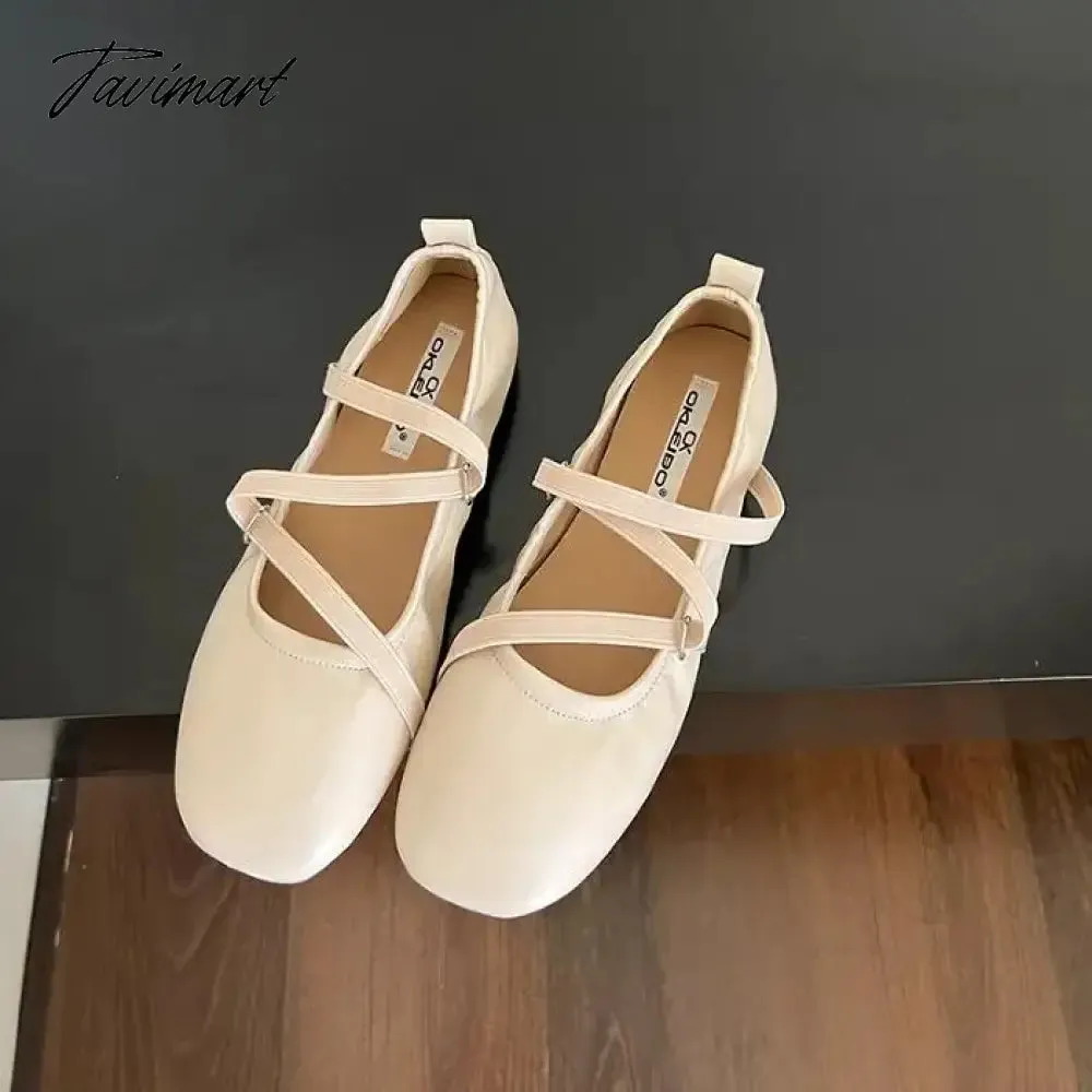 TAVIMART -  NEW Retro Classic PU Cross Elastic Bandage Ballet Shoes Women Square Toe Cross Tied Women Flats Elegant Valentine Shoes