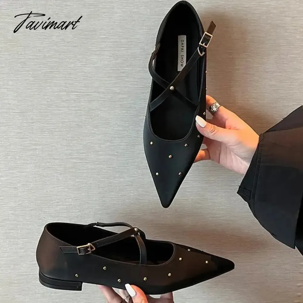 TAVIMART -  New Women Rivet Cross Flat Shoes Fashion Pointed Toe Shallow Ladies Elegant Dress Shoes Falt Heel Casual Ballet Shoes