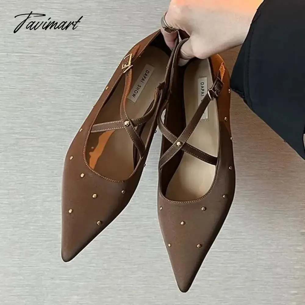 TAVIMART -  New Women Rivet Cross Flat Shoes Fashion Pointed Toe Shallow Ladies Elegant Dress Shoes Falt Heel Casual Ballet Shoes