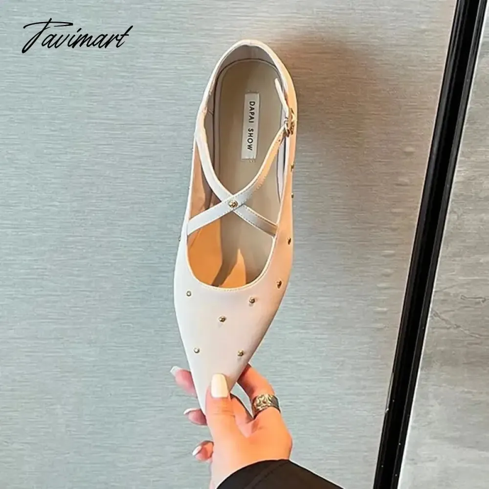 TAVIMART -  New Women Rivet Cross Flat Shoes Fashion Pointed Toe Shallow Ladies Elegant Dress Shoes Falt Heel Casual Ballet Shoes