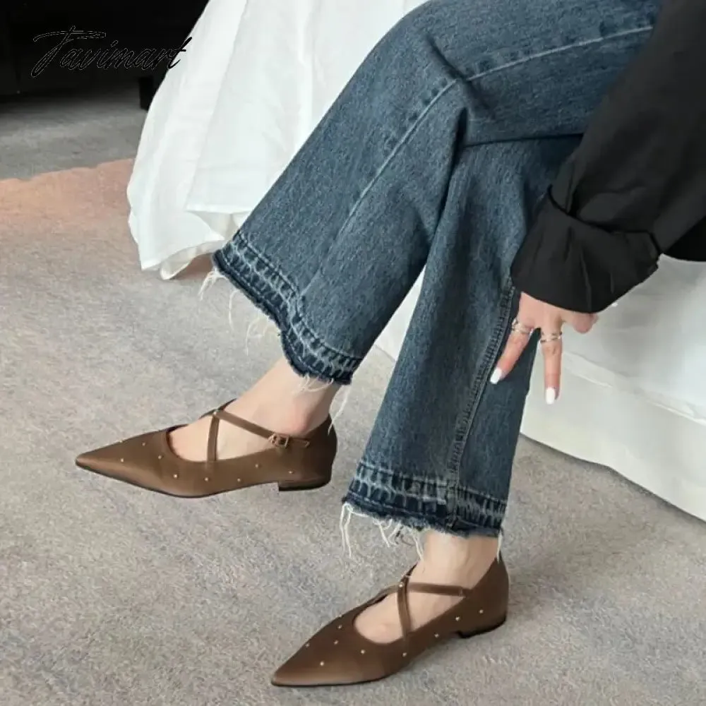 TAVIMART -  New Women Rivet Cross Flat Shoes Fashion Pointed Toe Shallow Ladies Elegant Dress Shoes Falt Heel Casual Ballet Shoes