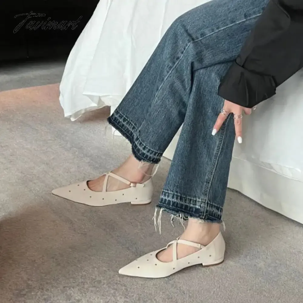 TAVIMART -  New Women Rivet Cross Flat Shoes Fashion Pointed Toe Shallow Ladies Elegant Dress Shoes Falt Heel Casual Ballet Shoes