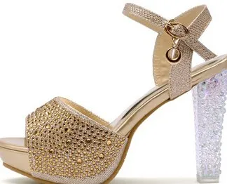 Thick High Heel Ankle Wrap Open The Toe Women Summer Crystal Sandal Bridal Shoes