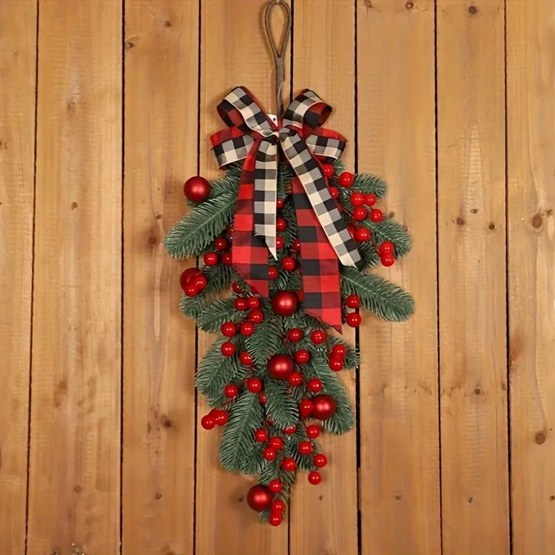 Vibrant Christmas PE Pine Swag Garland - Lush Greenery with Red Berries, Plaid Ribbon, and Versatile Hanging Options for Home Decor, Seasonal Spring Decor, and Festive Holiday Decorations - No Container Needed