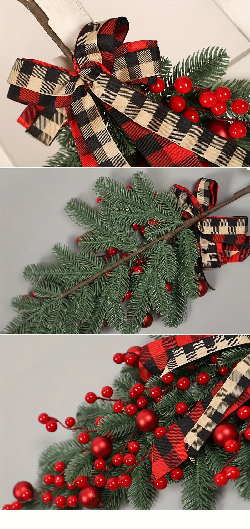 Vibrant Christmas PE Pine Swag Garland - Lush Greenery with Red Berries, Plaid Ribbon, and Versatile Hanging Options for Home Decor, Seasonal Spring Decor, and Festive Holiday Decorations - No Container Needed