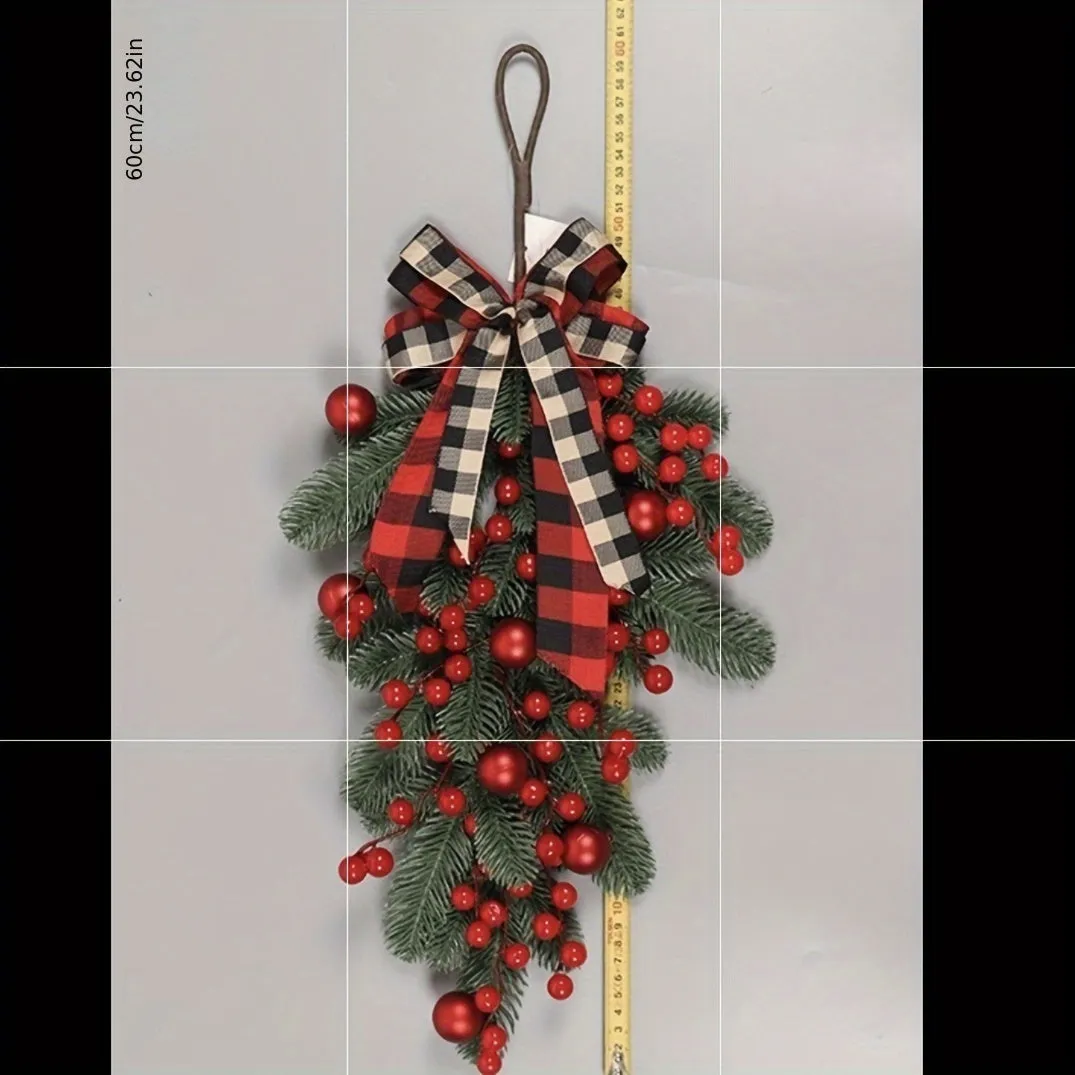 Vibrant Christmas PE Pine Swag Garland - Lush Greenery with Red Berries, Plaid Ribbon, and Versatile Hanging Options for Home Decor, Seasonal Spring Decor, and Festive Holiday Decorations - No Container Needed