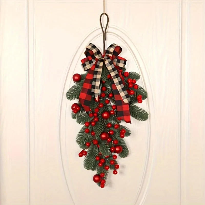 Vibrant Christmas PE Pine Swag Garland - Lush Greenery with Red Berries, Plaid Ribbon, and Versatile Hanging Options for Home Decor, Seasonal Spring Decor, and Festive Holiday Decorations - No Container Needed