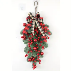 Vibrant Christmas PE Pine Swag Garland - Lush Greenery with Red Berries, Plaid Ribbon, and Versatile Hanging Options for Home Decor, Seasonal Spring Decor, and Festive Holiday Decorations - No Container Needed