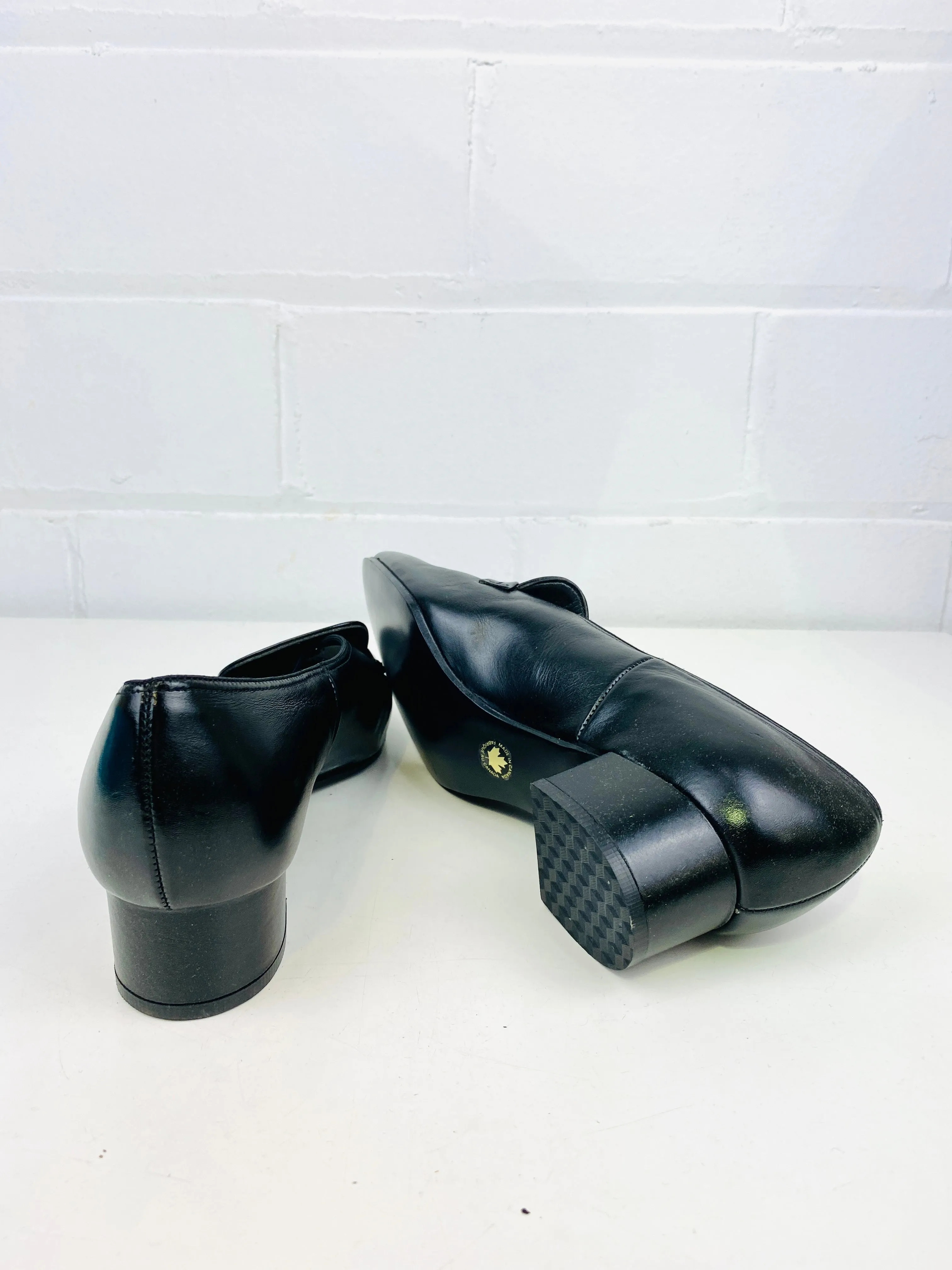 Vintage Deadstock Shoes, Women's 1980s Black Leather Cuban Heel Pumps, NOS, 7883