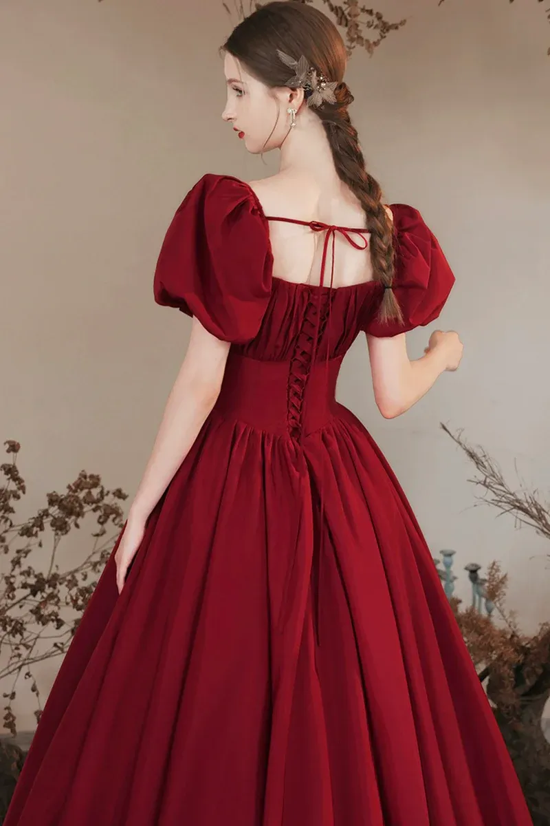 Wine Red A-line Long Party Dress Formal Dress, Short Sleeves Wine Red Prom Dress