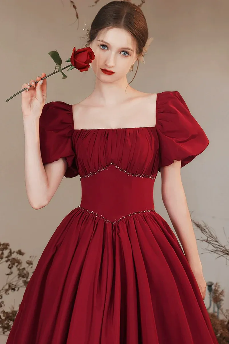 Wine Red A-line Long Party Dress Formal Dress, Short Sleeves Wine Red Prom Dress