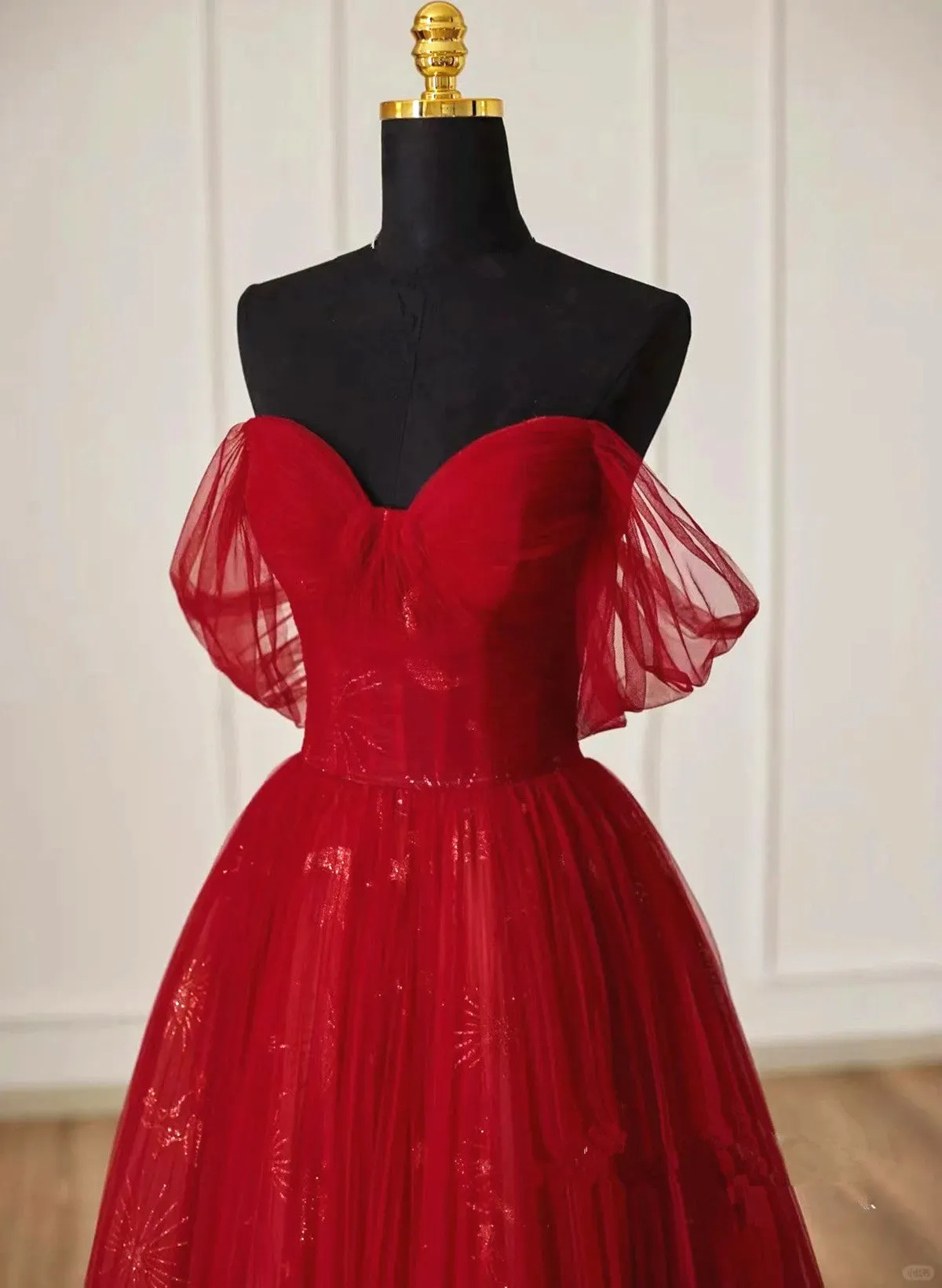 Wine Red Tulle Sweetheart Off Shoulder Prom Dress, Wine Red Long Party Dress