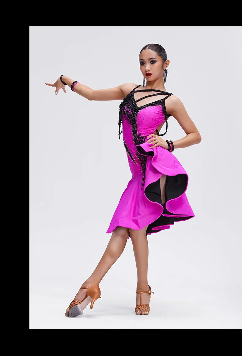 YUN.L034FDD Pink & Black Rhinestone Latin Dance Dress