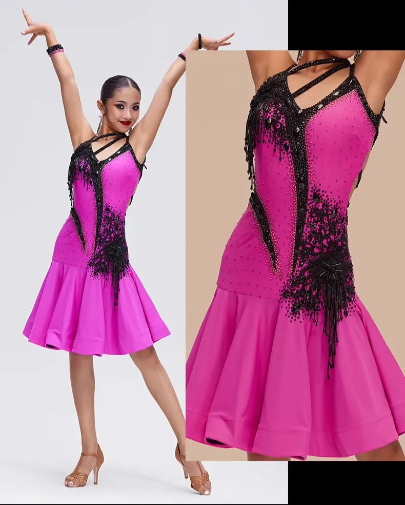 YUN.L034FDD Pink & Black Rhinestone Latin Dance Dress