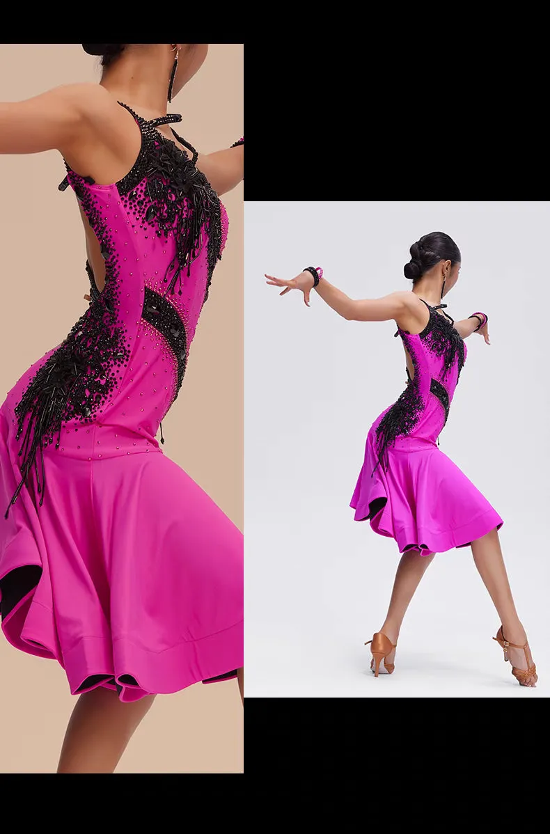 YUN.L034FDD Pink & Black Rhinestone Latin Dance Dress