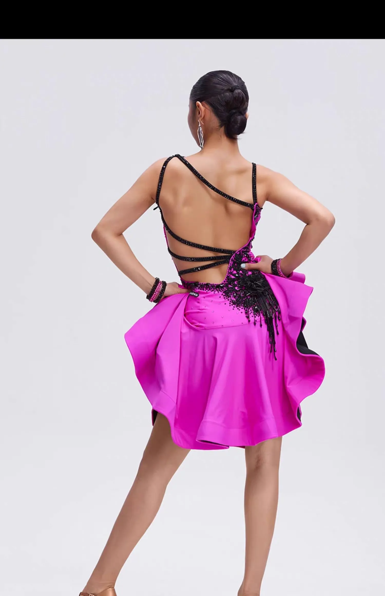 YUN.L034FDD Pink & Black Rhinestone Latin Dance Dress