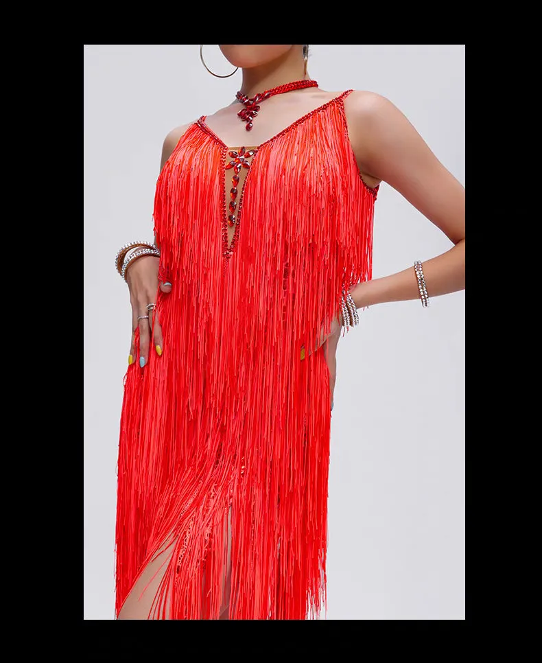 YUN.L035FDD Orange Fringe Latin Dance Costume