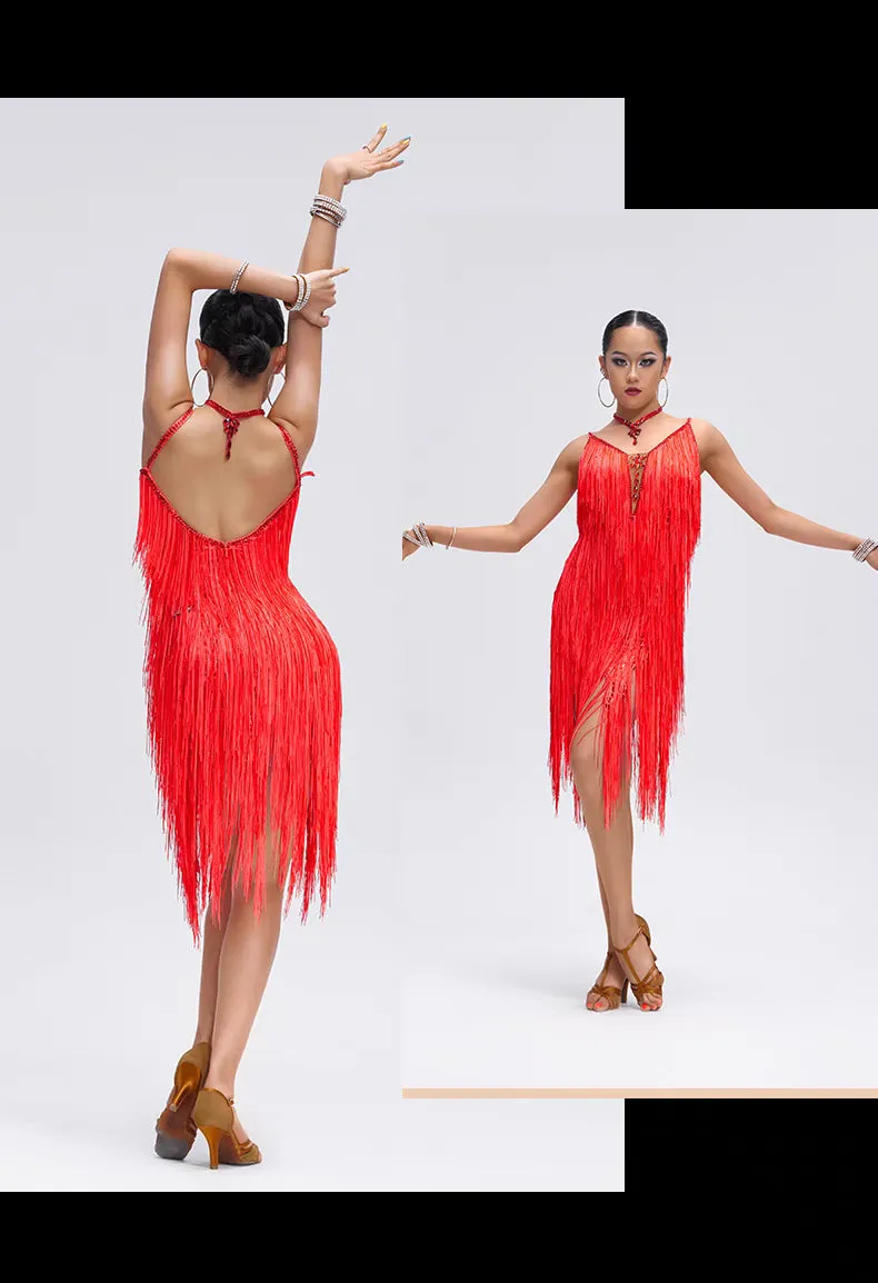 YUN.L035FDD Orange Fringe Latin Dance Costume